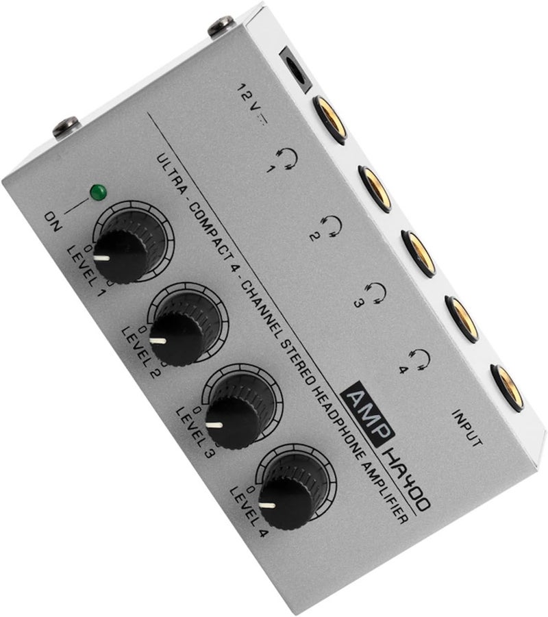 HSCLPM Headphone Amplifier with Audio Cable, HA400 4-Channel Metal Stereo Audio Amplifier, Mini Earphone Splitter W/ 1/4" TRS & DC 12V Power Adapter, for Sound Mixer PC Guitar Studio Stage (Gray) - Image 1